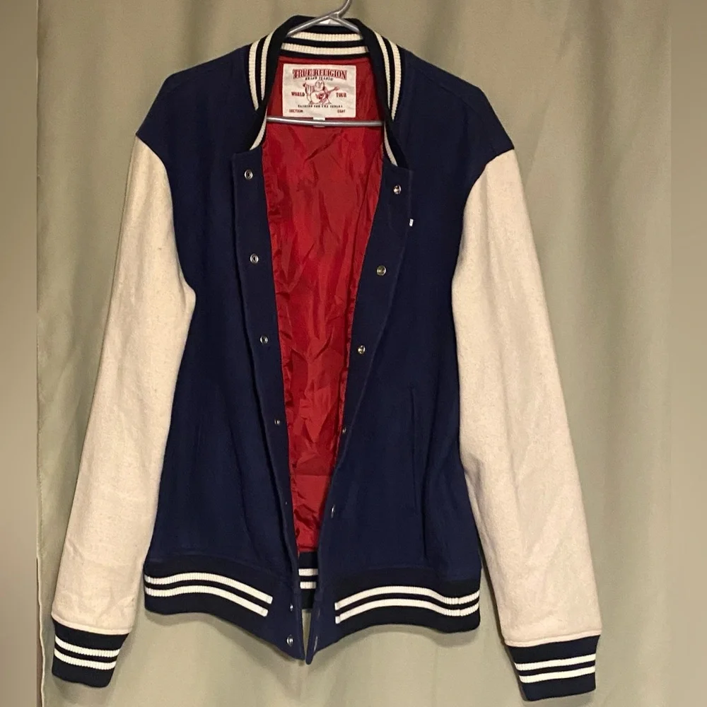 True Religion Buddha Varsity TR-02 Jacket Blue White Wool Blend Men’s 2XL